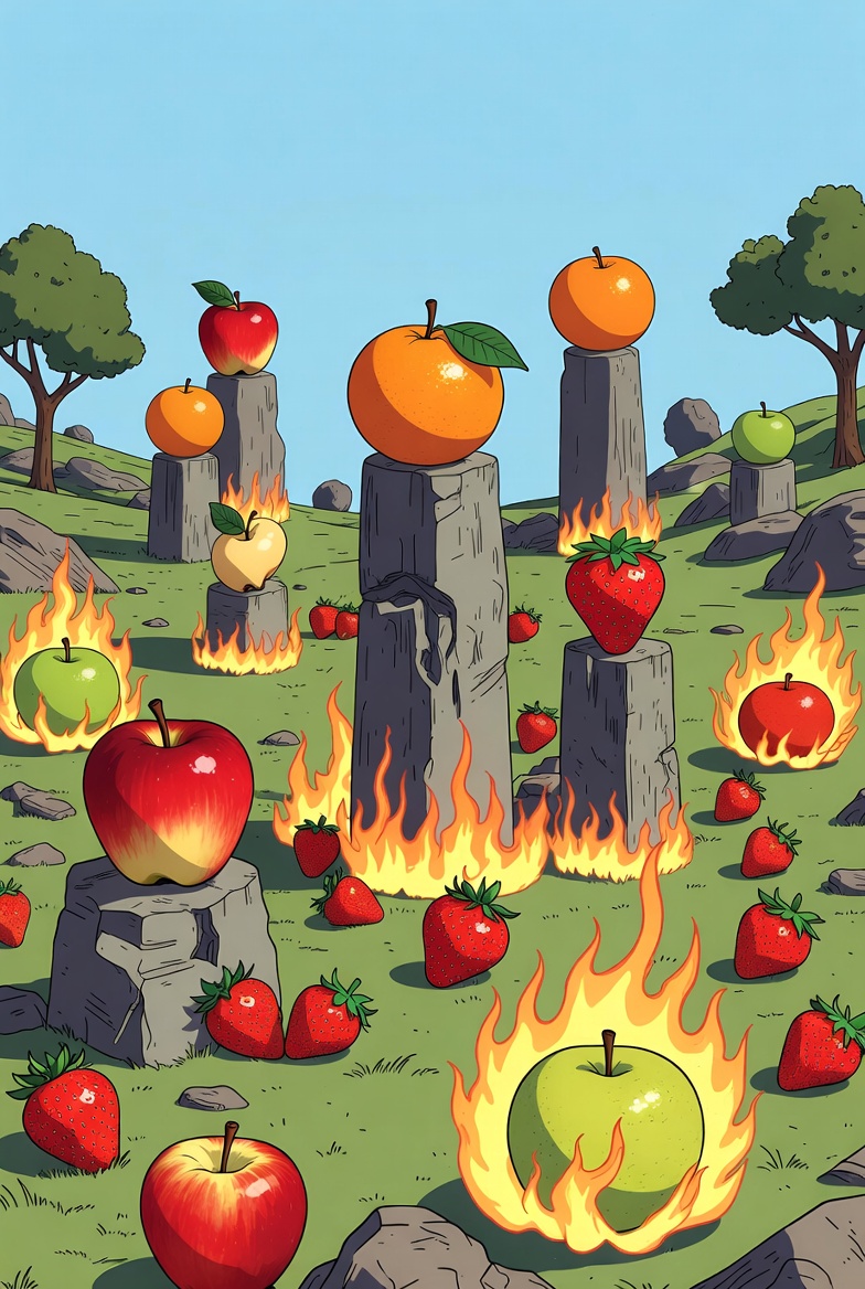 A landscape with fruit on stone pillars and fruit encircled in flames.